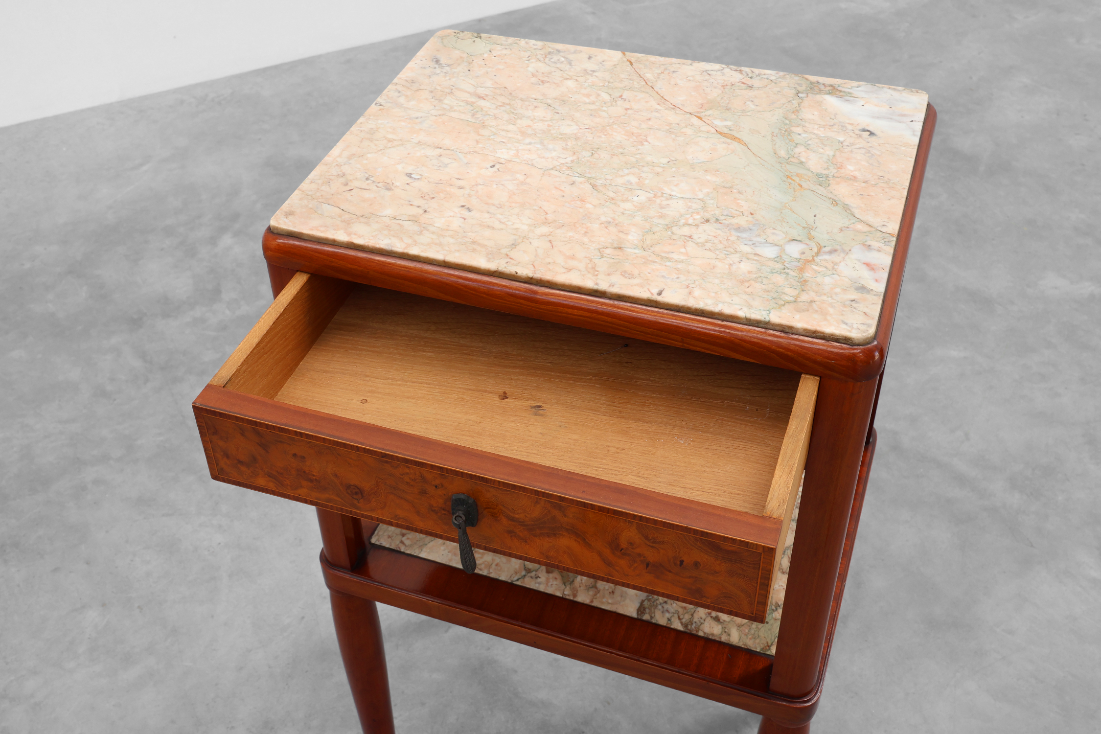 Pair of French Art Deco bedside tables with marquetry and marble tops, 1940sthumbnail
